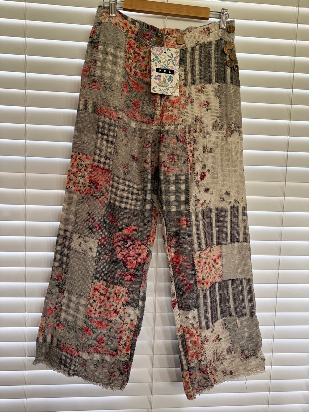 POL Patchwork Floral Wide-Leg Pants in Gray and Pink